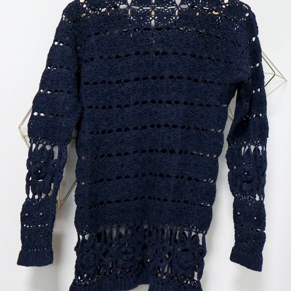 Vintage Navy Blue Open Knit Sweater Tunic w/ Pearl Embellishments Women's Small - Picture 6 of 7